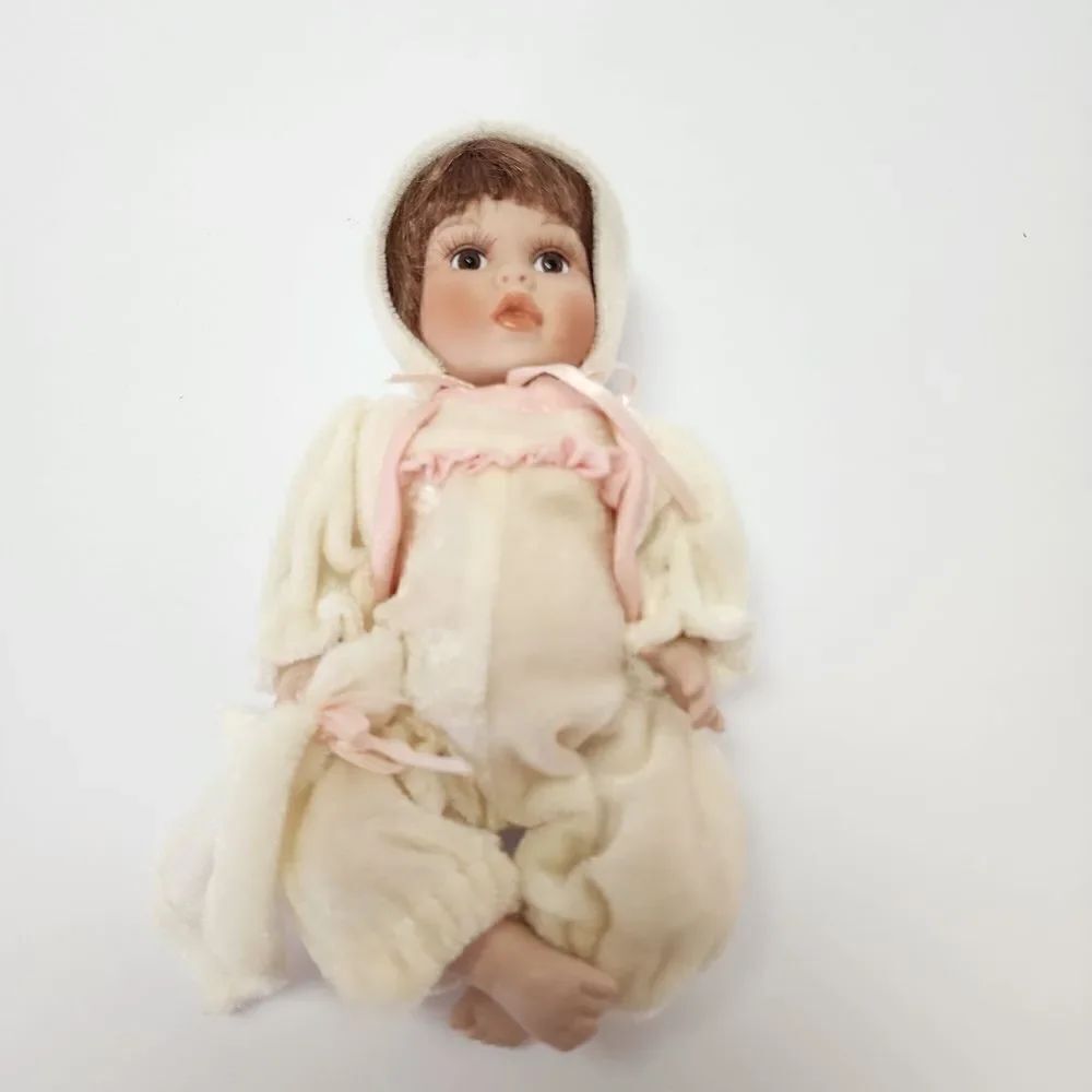 Vintage Geppeddo Porcelain Baby Doll with Bunny Ear Pajamas 8"